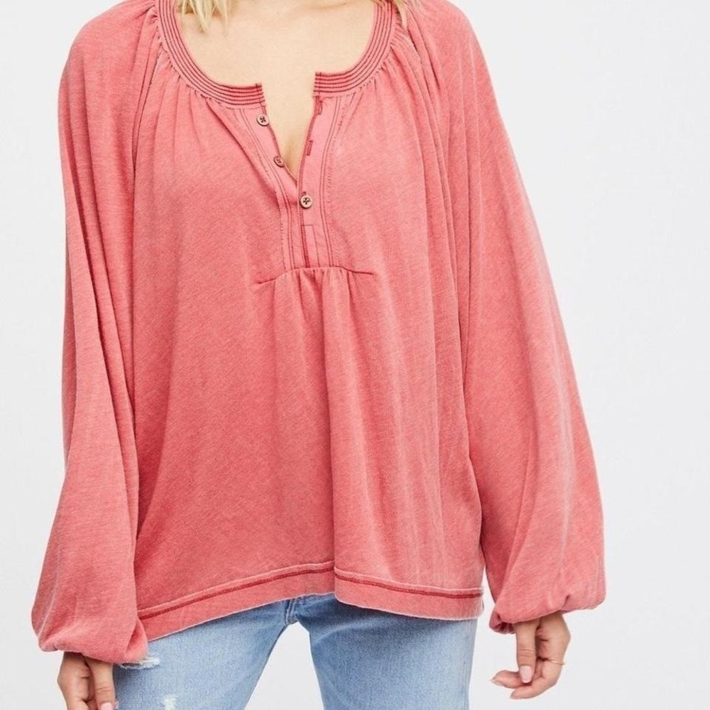 Free People‎ We The Free Acadia Henley Top Coral Pink Oversized Boho Cotton XL